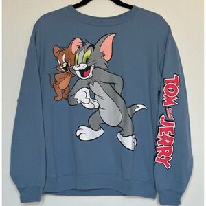 Tom and Jerry Cartoon Graphic Sweatshirt Blue Crewneck Pullover Size M
